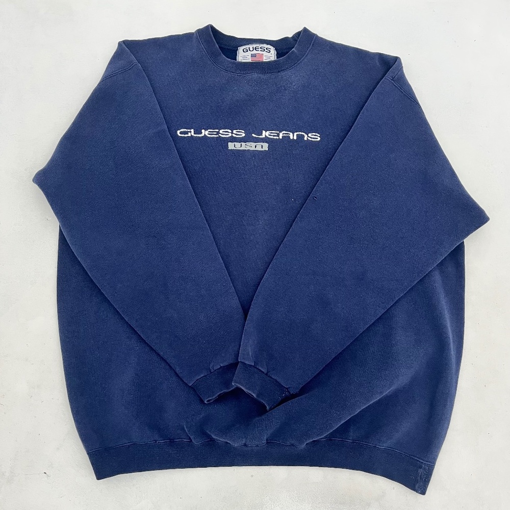 Vintage Guess Mens Pullover Sweatshirt Blue Long Sleeve Crew Neck Outdoor